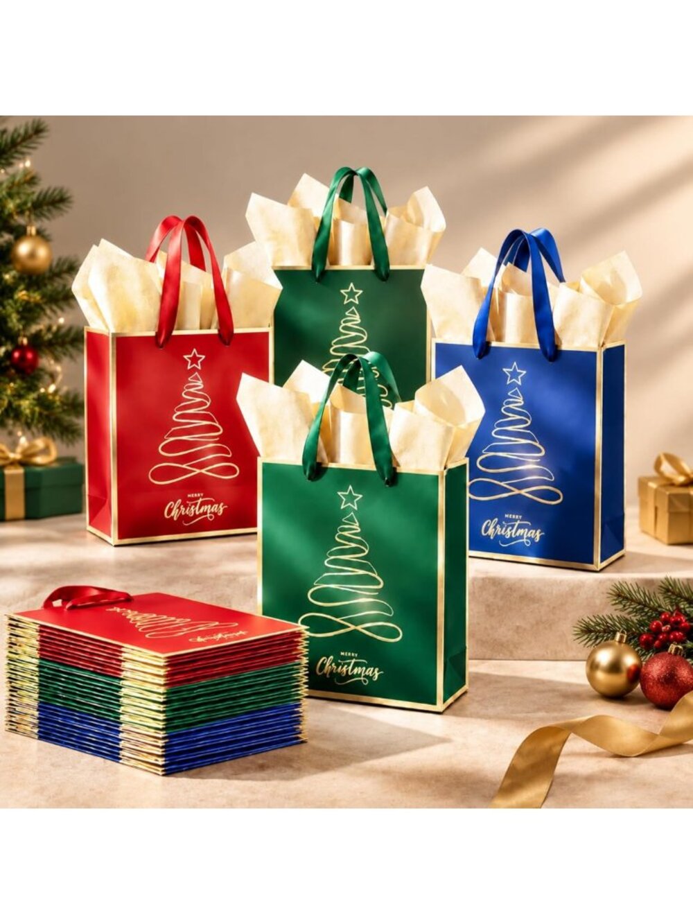 100 Pack Metallic Christmas Gift Bags - Bulk Xmas Colors for Holiday Gifts